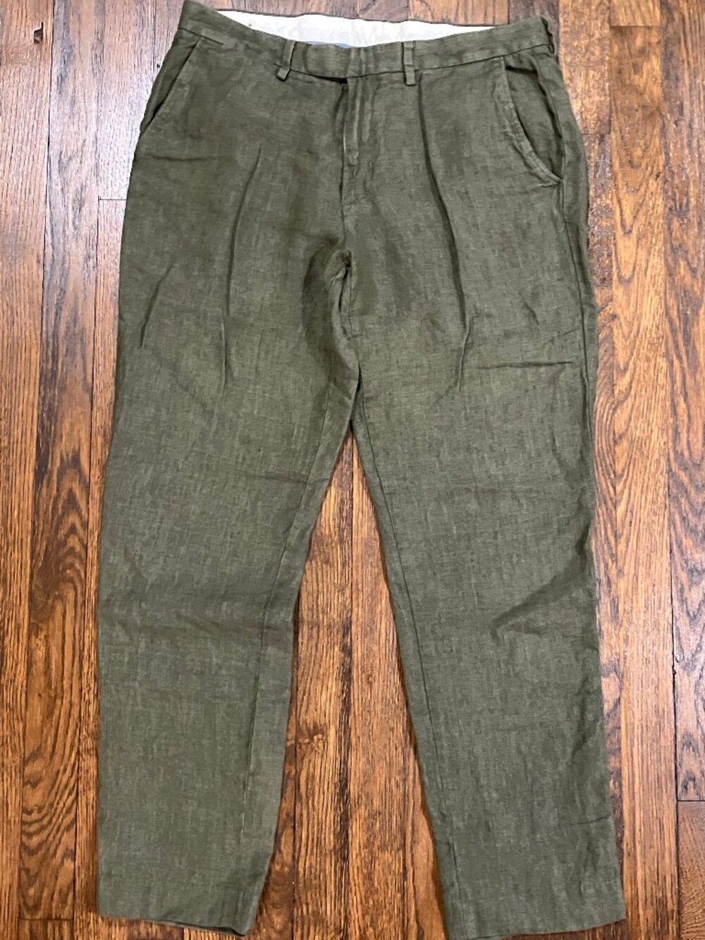J.Crew Men's Bowery Slim Fit Baird McNutt Irish Linen olive green Pants 33 x 32